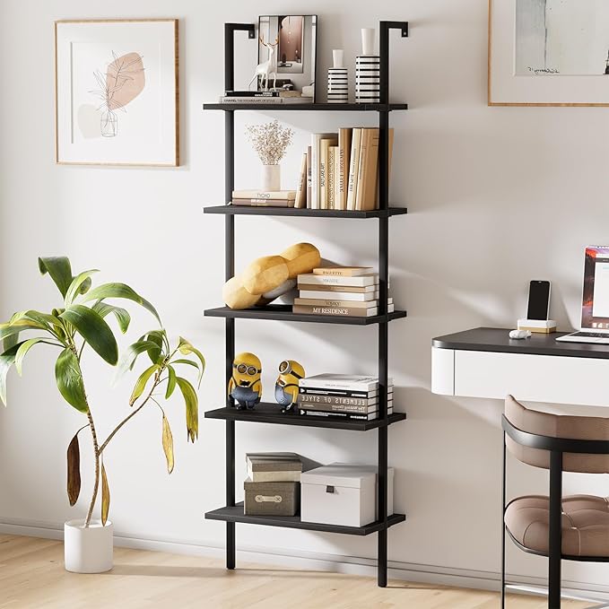 aboxoo Ladder Shelf 2PCS Open Bookshelf 5-Tier Wood Wall-Mounted Black Bookcase - Image 5
