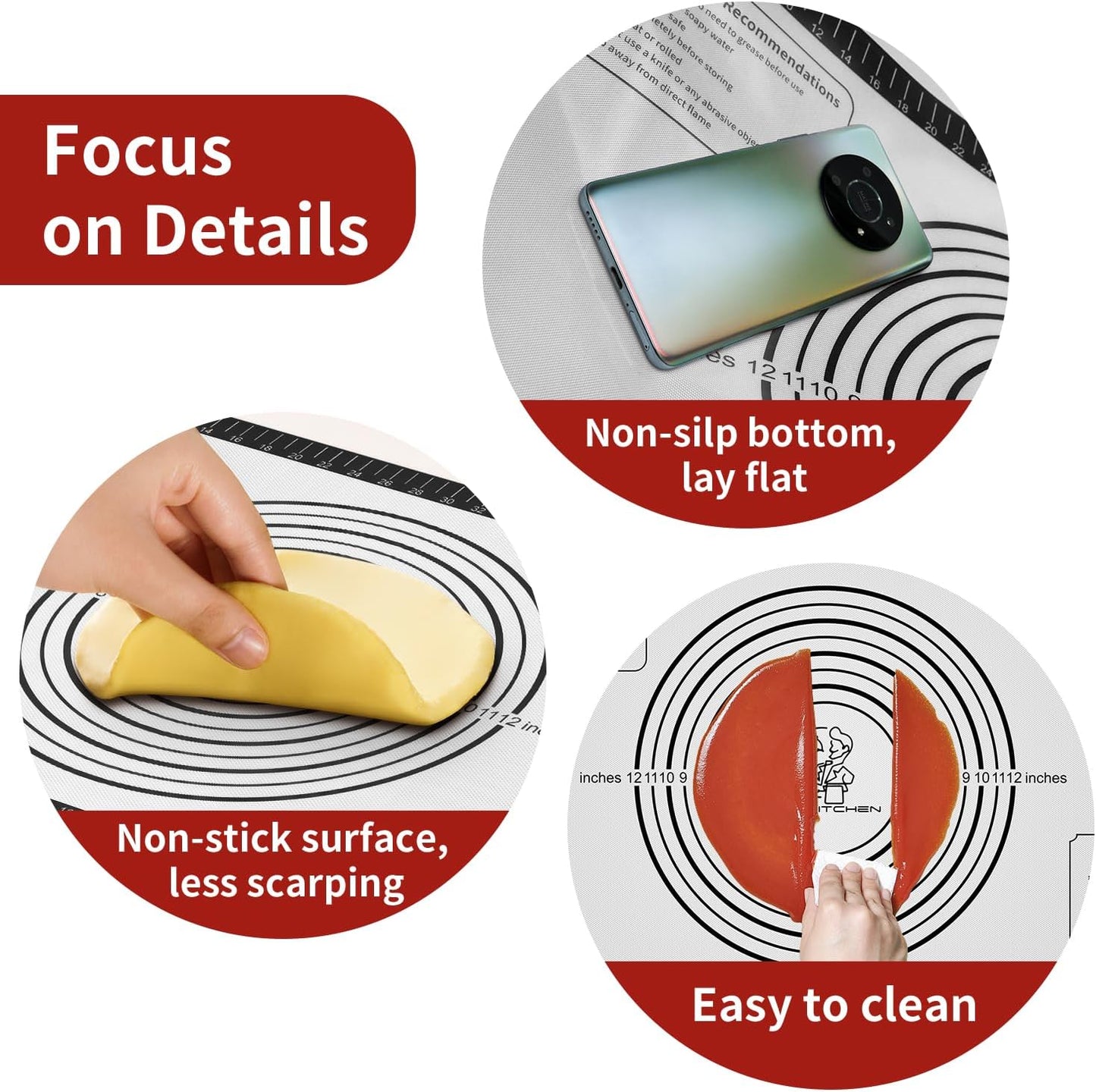 Non-stick Pastry Mat, Silicone Baking Mat with Measurement, Extra Large Silicone Mat for Baking Cookie Pie Bread Pizza Oven Reusable & Dishwasher Safe