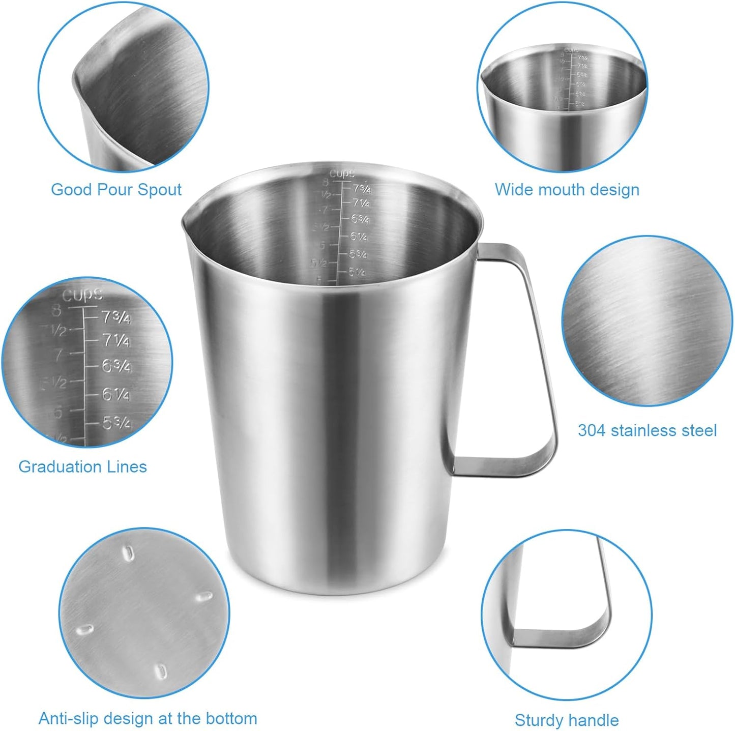Stainless Measuring Cup (2000ML), KSENDALO 8 Cup Stainless Measuring Cup, Stainless Pitcher with Marking with Handle, 64 Ounces (2.0 Liter)