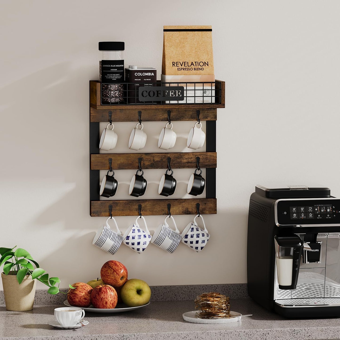 YINMIT Coffee Mug Holder Wall Mounted, Wood Mug Racks with 12 Hooks, Coffee Cup Holder for Wall with Storage Shelf, Cups Rack for Home, Kitchen