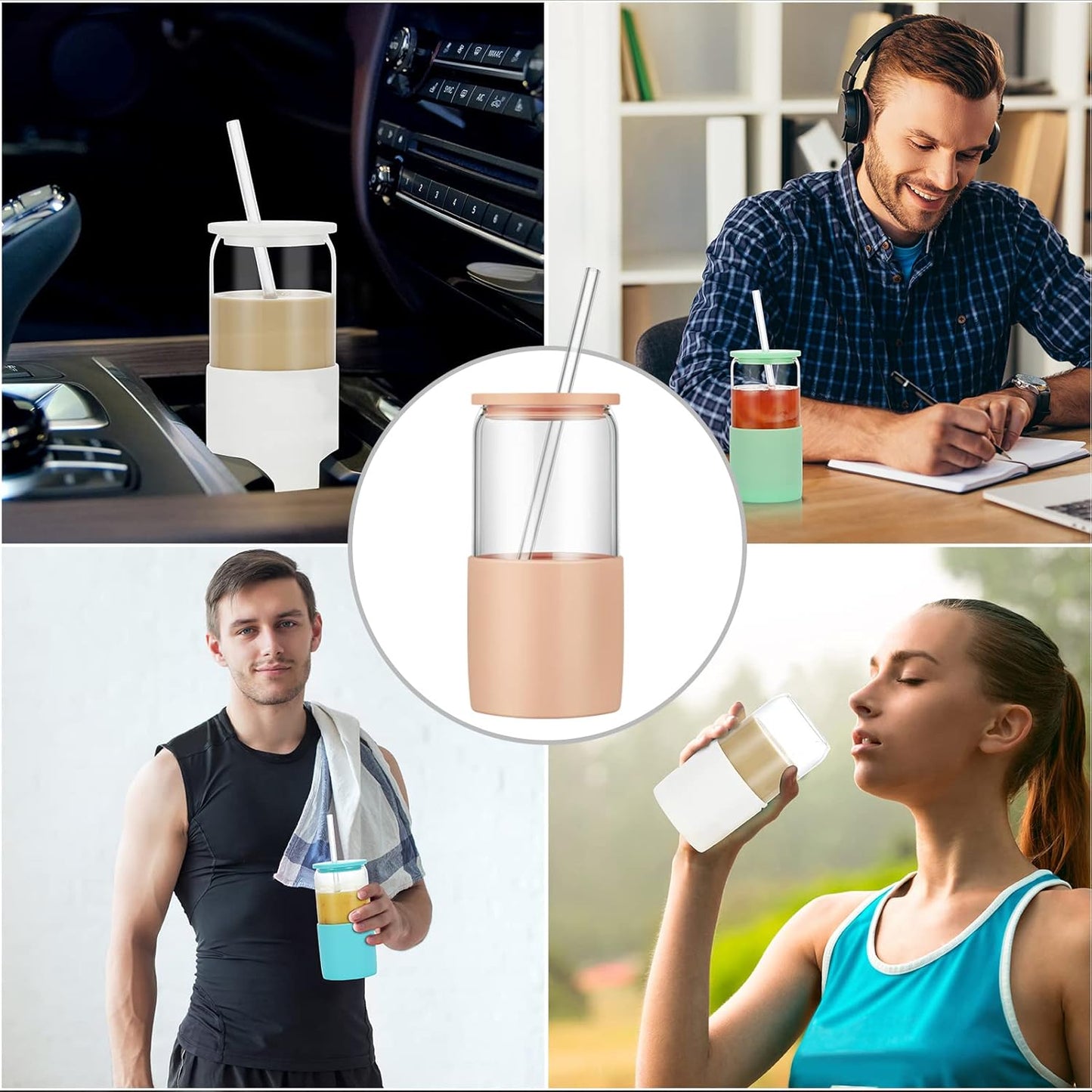 Sunseeke Glass Tumbler with Straw and Lid, 16oz Ice Coffee Cup, Silicone Sleeve Cleaning Brushes, Drinking Glasses for Water, Iced Coffee, Smoothie -BPA Free -3Pack