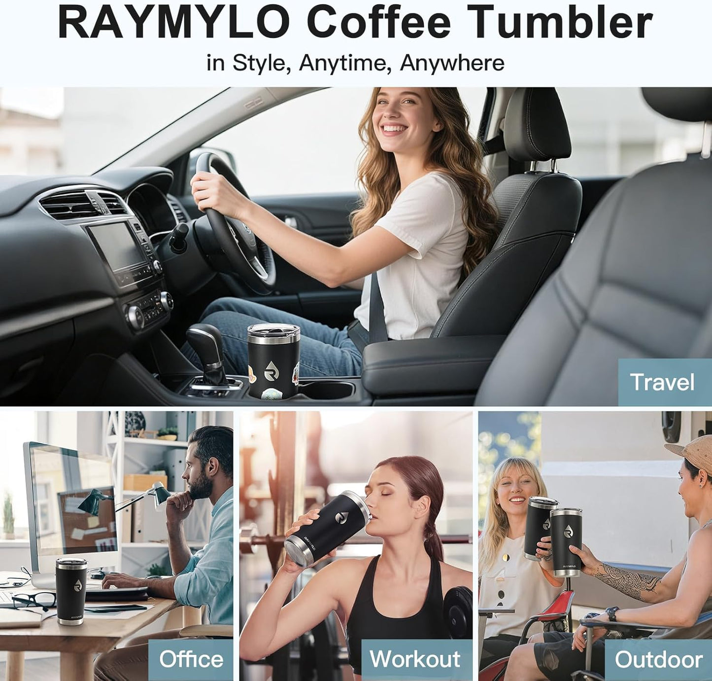 20 oz Coffee Tumbler - Insulated Stainless Steel Travel Mug for Hot/Cold, Spill Proof with BPA-Free Detachable Lid, Coffee Cup Fits Most Car holder, Includes Chic Stickers, Magic Black