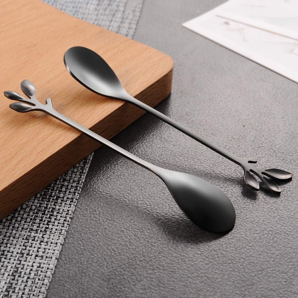 AnSaw Elegant Black Leaf Coffee Spoons - 10-Piece, 4.7" Mini Stainless Steel Espresso & Dessert Tea Spoons, Perfect for Demitasse & Small Servings