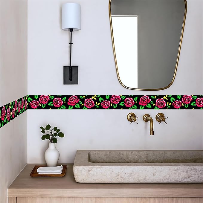 Red Rose Wall Border 196x4 Inch Peel and Stick Floral Wallpaper Border Black - Image 3