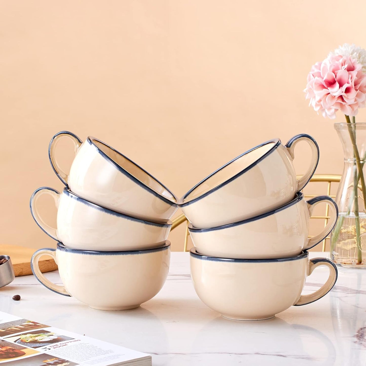 Set of 6 Cups Vintage Design 12 oz Professional Barista Ceramic Latte Art Cappuccino Cups Set (Beige * 6)