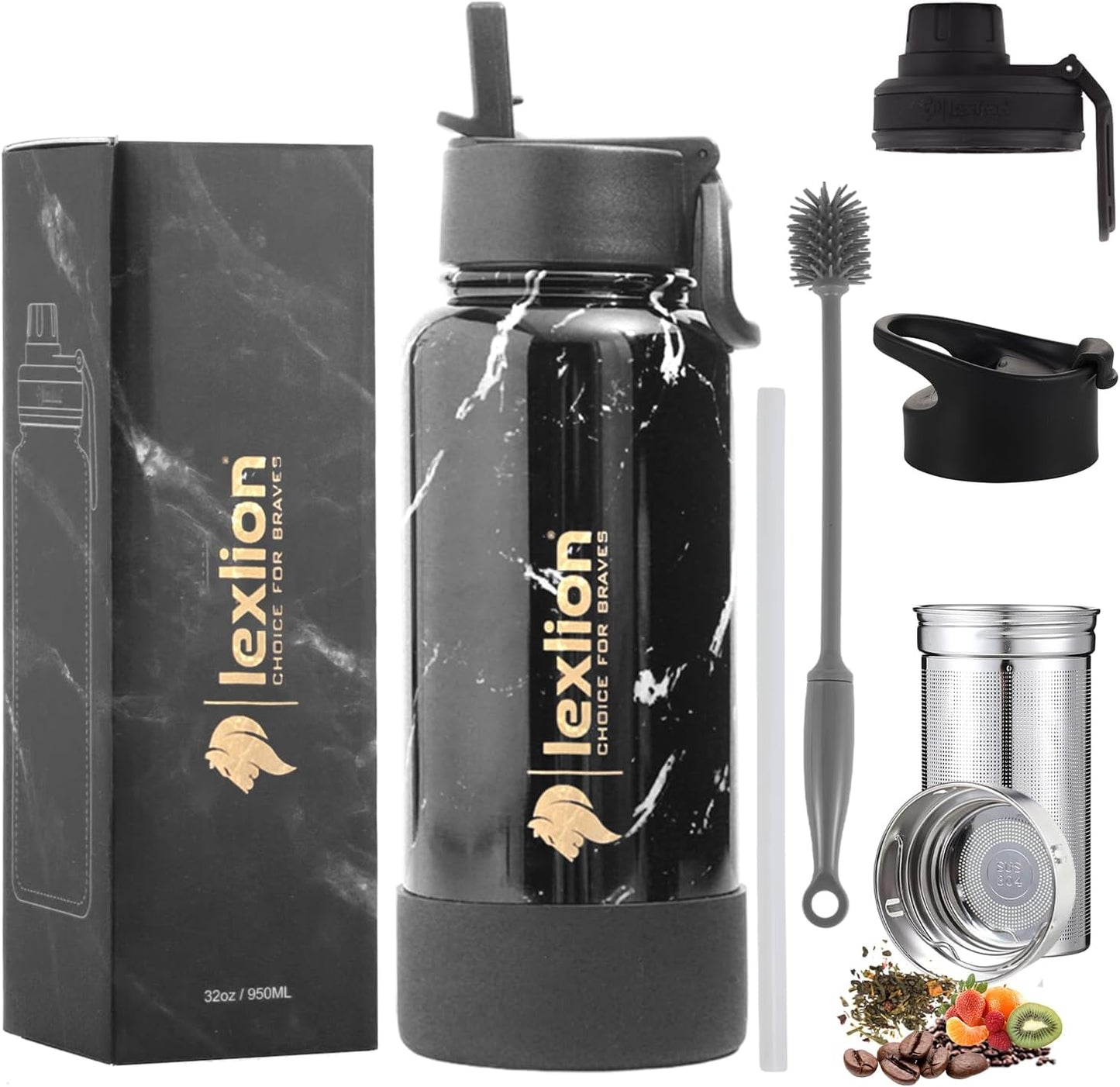Lexlion 32 Oz Triple Walled Insulated Stainless Steel Tea Infuser Bottle, Fruit Infuser, Leakproof, Sweatproof