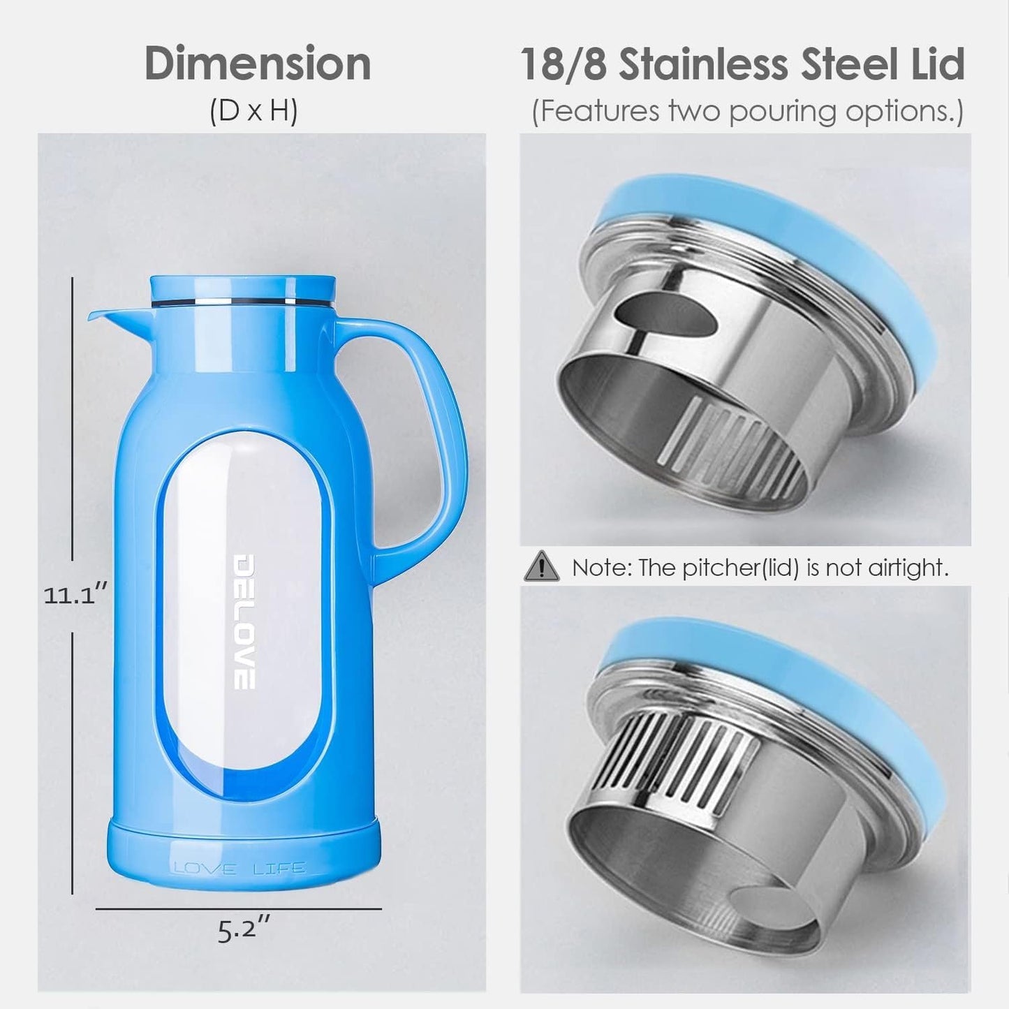 Delove 68 oz/2 Liter Glass Pitcher with Shatterproof Shell - Heat Resistant Glass Liner - Stainless Steel Lid - Carafe & Jug for Iced Tea,Hot/Cold Water,Homemade Juice Beverages (Blue)