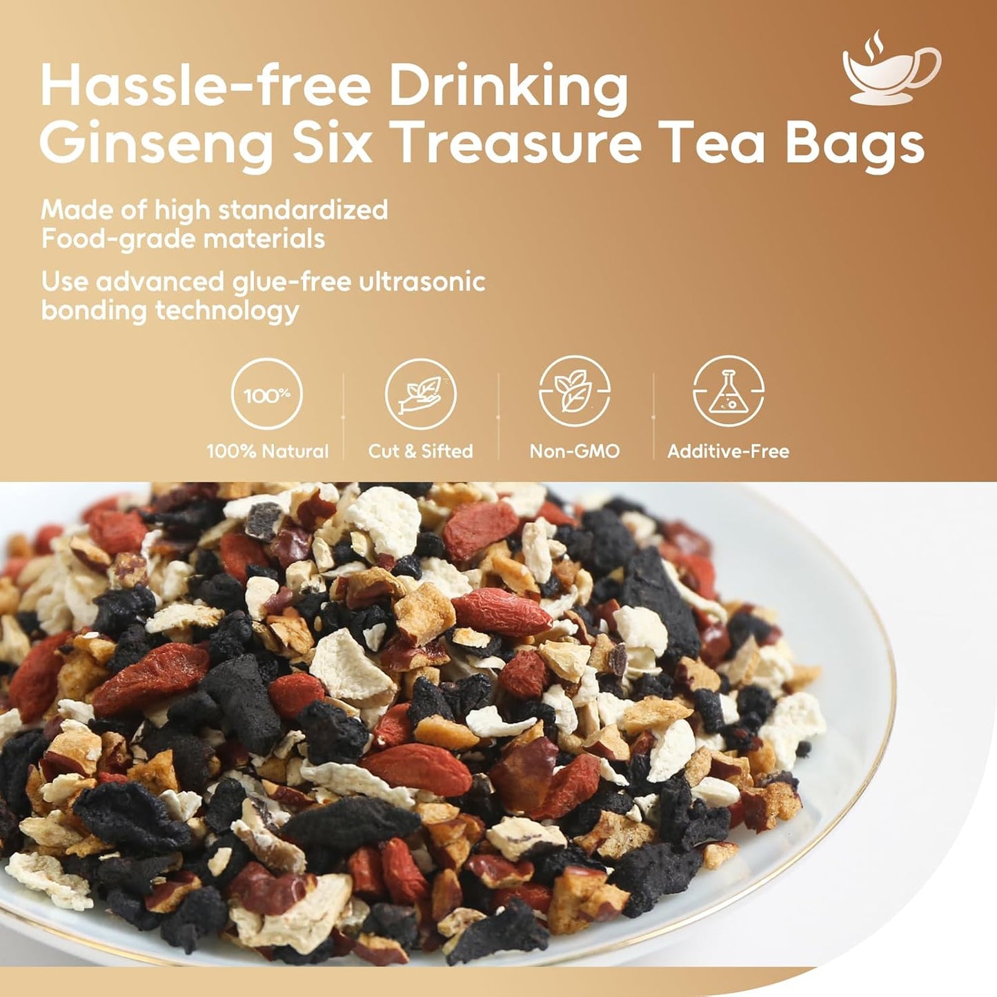 FullChea - Ginseng Six Treasure Tea, 30 Teabags, Traditional Chinese Herbal Blend for Kidney Health, Detox Tea With Ginseng, Mulberry, Huangjing, Maca, Goji Berry, Red Dates, Yam - Support Wellness