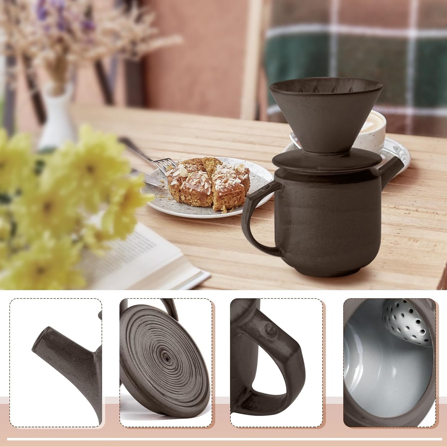 AZYM Pour Over Coffee Maker Set,with Lid and V60 Paper Coffee Fliters 20 Counts,High Heat Resistant Vintage Coffee Carafe Dripper Set for Home Café Restaurant Camping Hiking(Black)