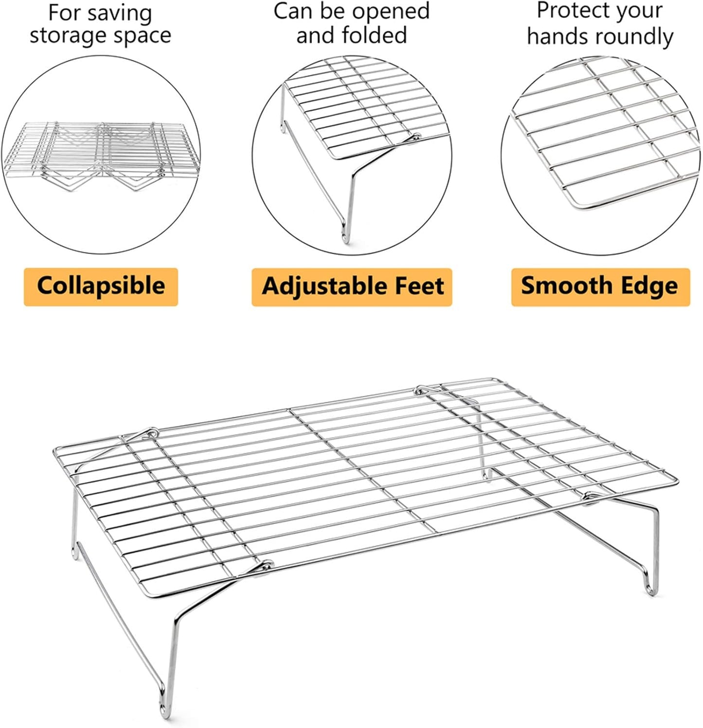P&P CHEF Cooling Rack Set of 2, 2-Tier Stackable Stainless Steel Wire Racks for Baking Cooking Cooling Roasting, Collapsible & Heavy Duty, Oven Safe & Easy Clean, 15" x 10", Silver