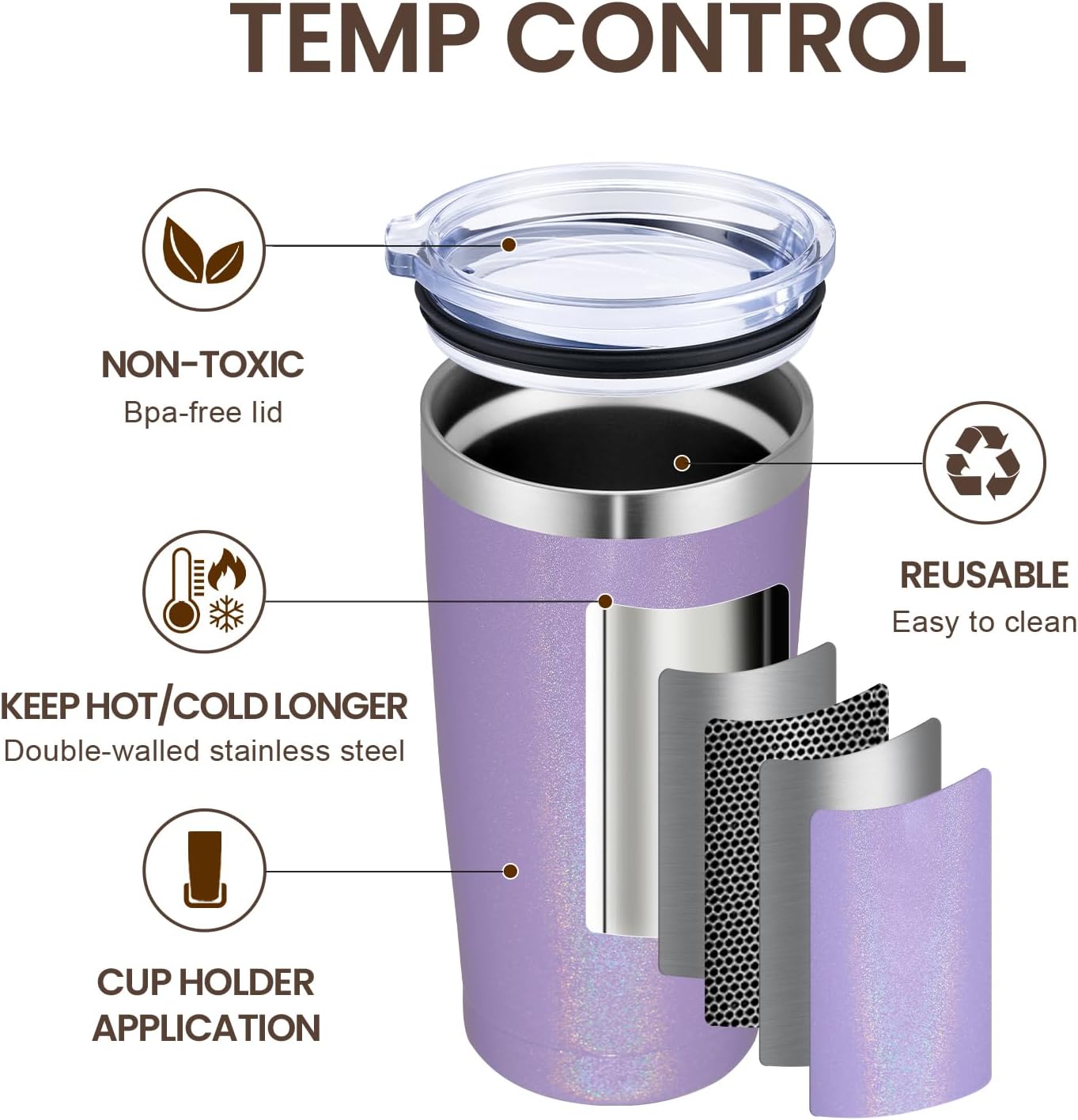 MEWAY 20oz Tumbler 8 Pack Double Wall Vacuum Insulated Travel Glitter Mug Bulk, Stainless Steel Tumblers with Lid and Straw, Powder Coated Coffee Cups for Woman(Rainbow Purple,Set of 8)