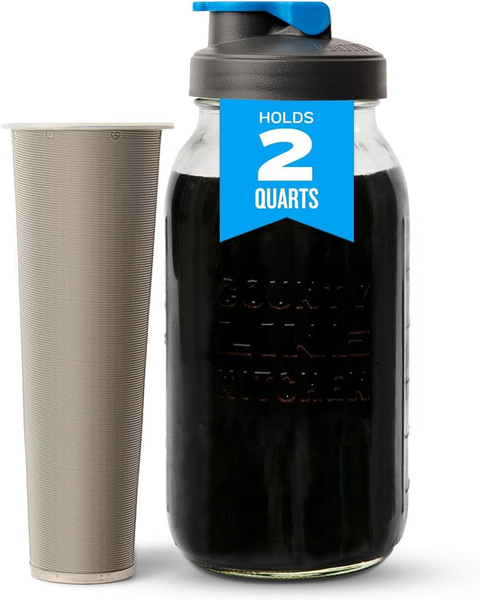 County Line Kitchen Glass Cold Brew Coffee Maker with Lid - Wide Mouth, 2 Quart (64 oz) - Heavy Duty, Leak Proof - Sun & Iced Tea Pitcher, Cold Brew Coffee, Breast Milk Storage, Water - Gray