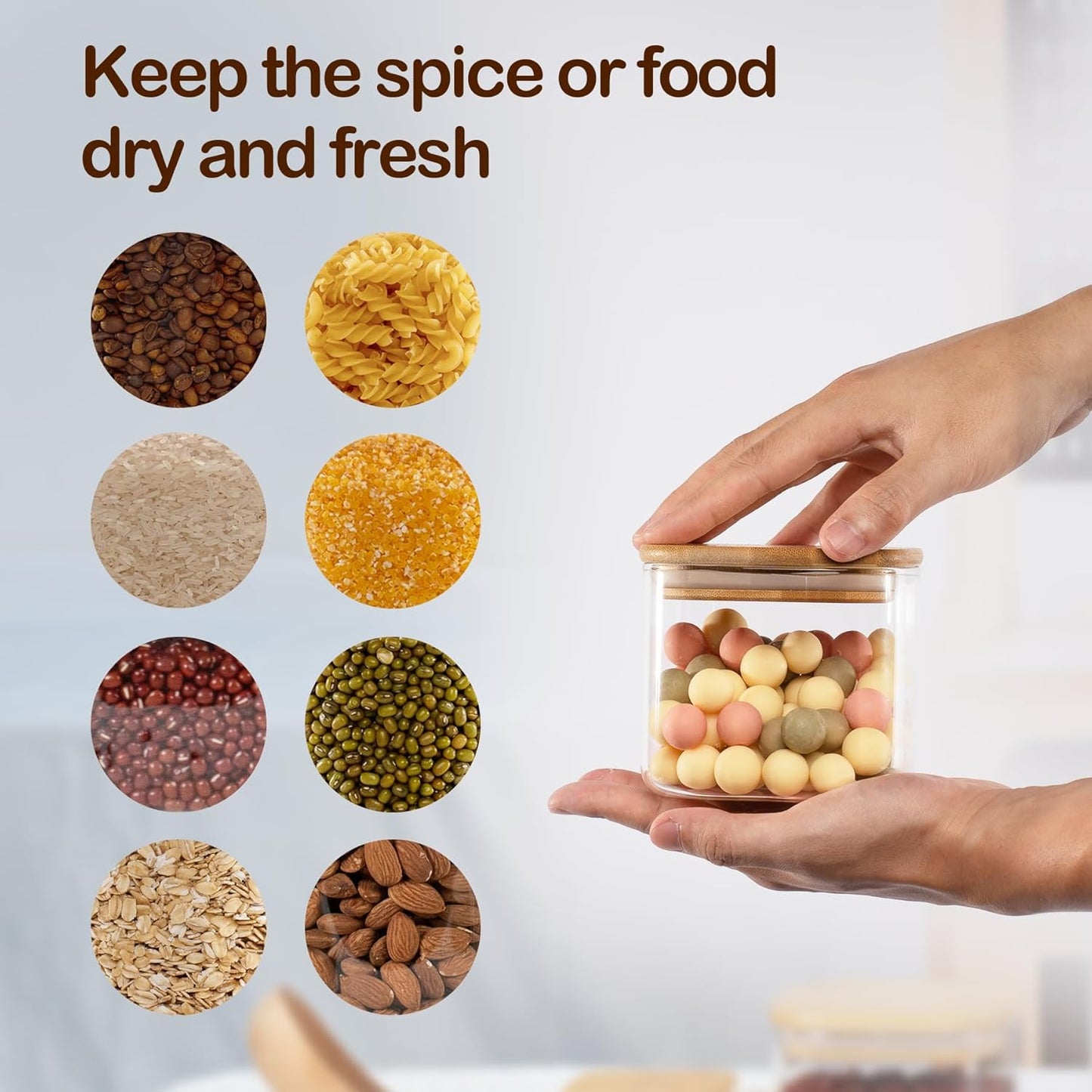 22oz Airtight Square Spice Containers with Bamboo Lid Set of 6 (650ml) Kitchen Pantry Organization Jar Stackable Spice Jar, for Sugar, Tea, Cookies and Coffee beans (‎with Black Lable)