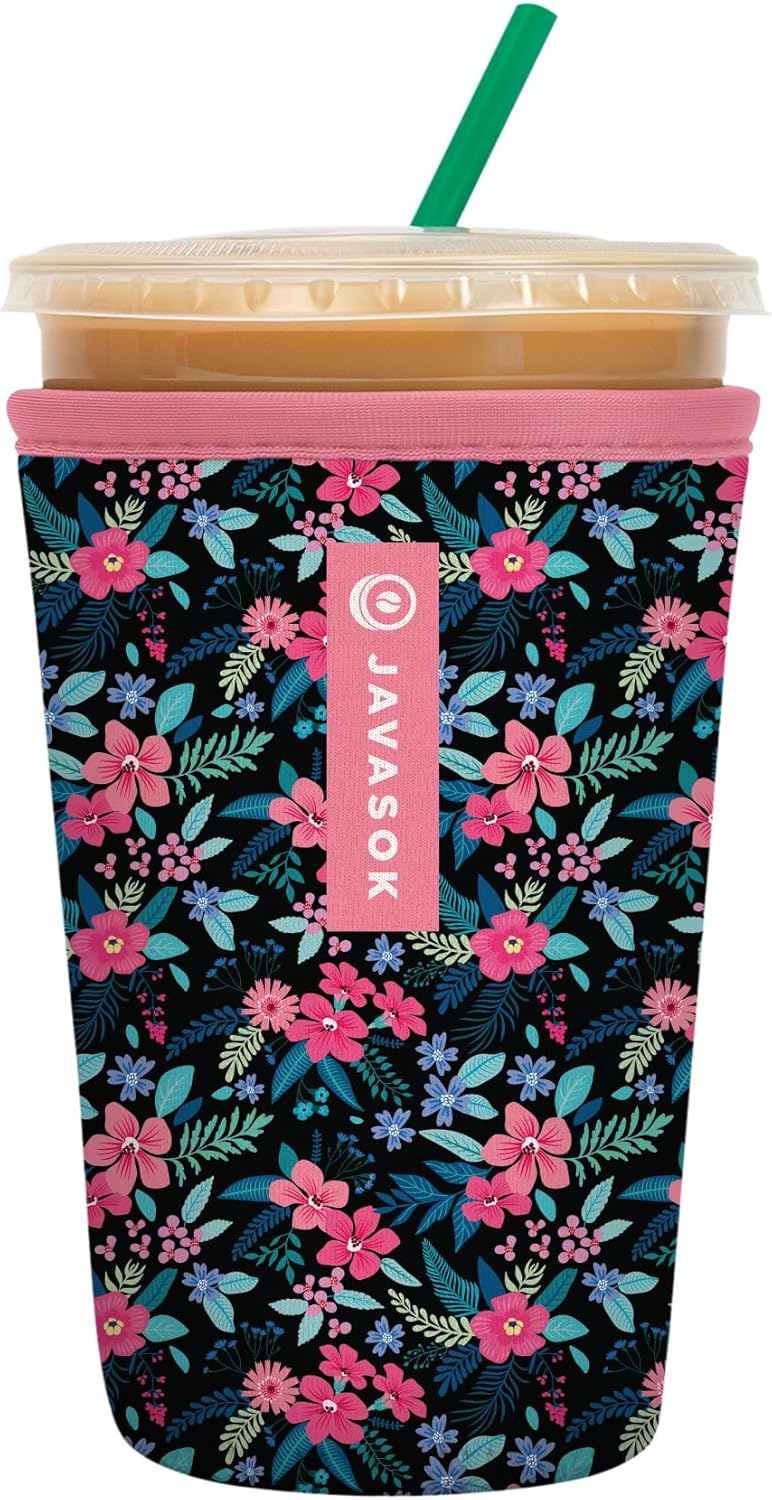 Sok It JavaSok Iced Coffee & Cold Soda Insulated Neoprene Cup Sleeve (Tropical Blooms, Medium: 22-28oz)