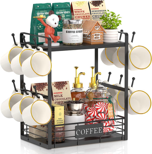 EsLuker.ly Coffee Mug Cup Holder Tree Bar Station Organizer, 2 Tier Mug Stand Rack for Countertop Kitchen, Storage Tower Display Shelf with 12 Hooks, Coffee Nook Enhancer, Black