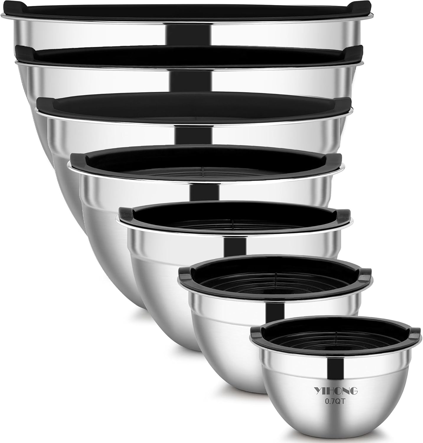 YIHONG 7 Piece Metal Mixing Bowls with Lids for Kitchen, Stainless Steel Set Ideal for Baking, Prepping, Cooking and Serving Food, Nesting Design for Space Saving Storage(Black)