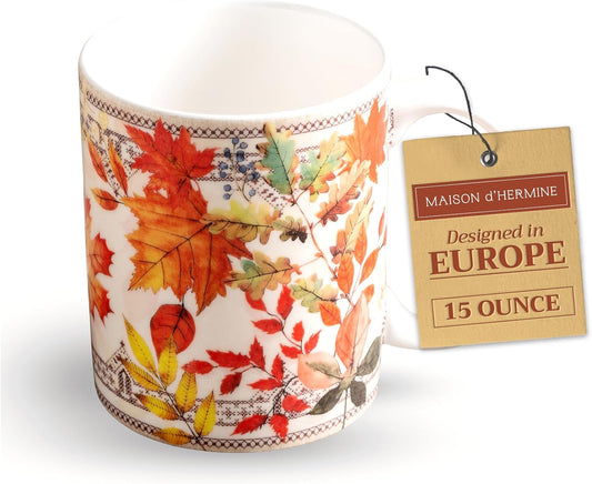 Maison d' Hermine Coffee Mug with Handles Fine Bone China Mugs Pack of One Tea Cups for Hot Beverages Cappuccino Latte Home Restaurant Office Perfect for Gift (Amarante - Automne, 15 Ounce)