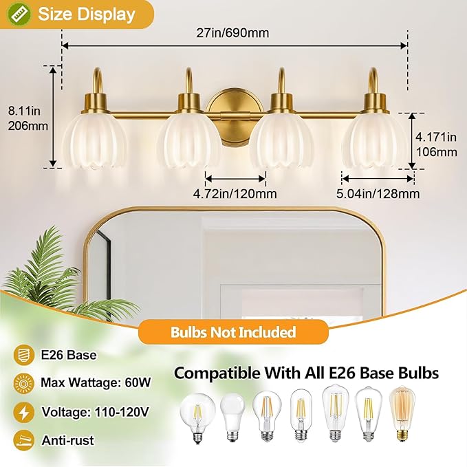 4-Light Bathroom Light Fixtures, Vintage Bathroom Vanity Lighting Fixtures Over - Image 8