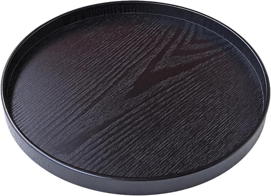 Round Solid Wood Serving Tray Extra Large Tea Coffee Snack Food Meals Serving Plate Non-Slip Kitchen Party Bar Server Ottoman Tray Breakfast Tray with Raised Edges (18inch/45cm) Black