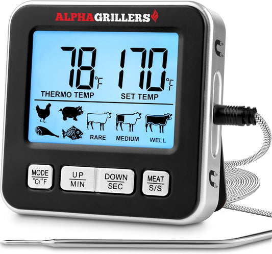 Alpha Grillers Meat Thermometer Digital for Oven - Large Display Oven Thermometer for Cooking - Leave-in BBQ Grilling Probe with 7 Presets, Timer, Alarm - Gifts for Men Him Boyfriend Husband