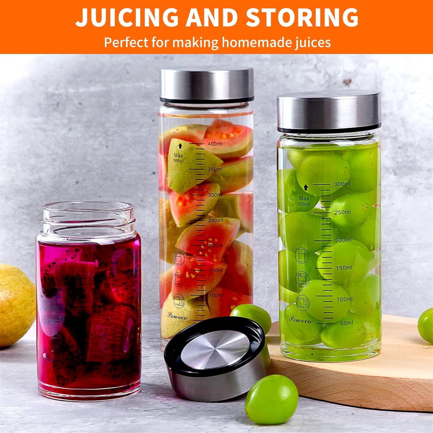 Glass Juice Bottles 6 Pack 16 oz - Wide Mouth Glass Water Bottles with Lids - for Juicing, Protein, Smoothie, Milk, Reusable, BPA Free, Stainless Steel Lids, Blender, Shaker Bottle (16oz/500ml)