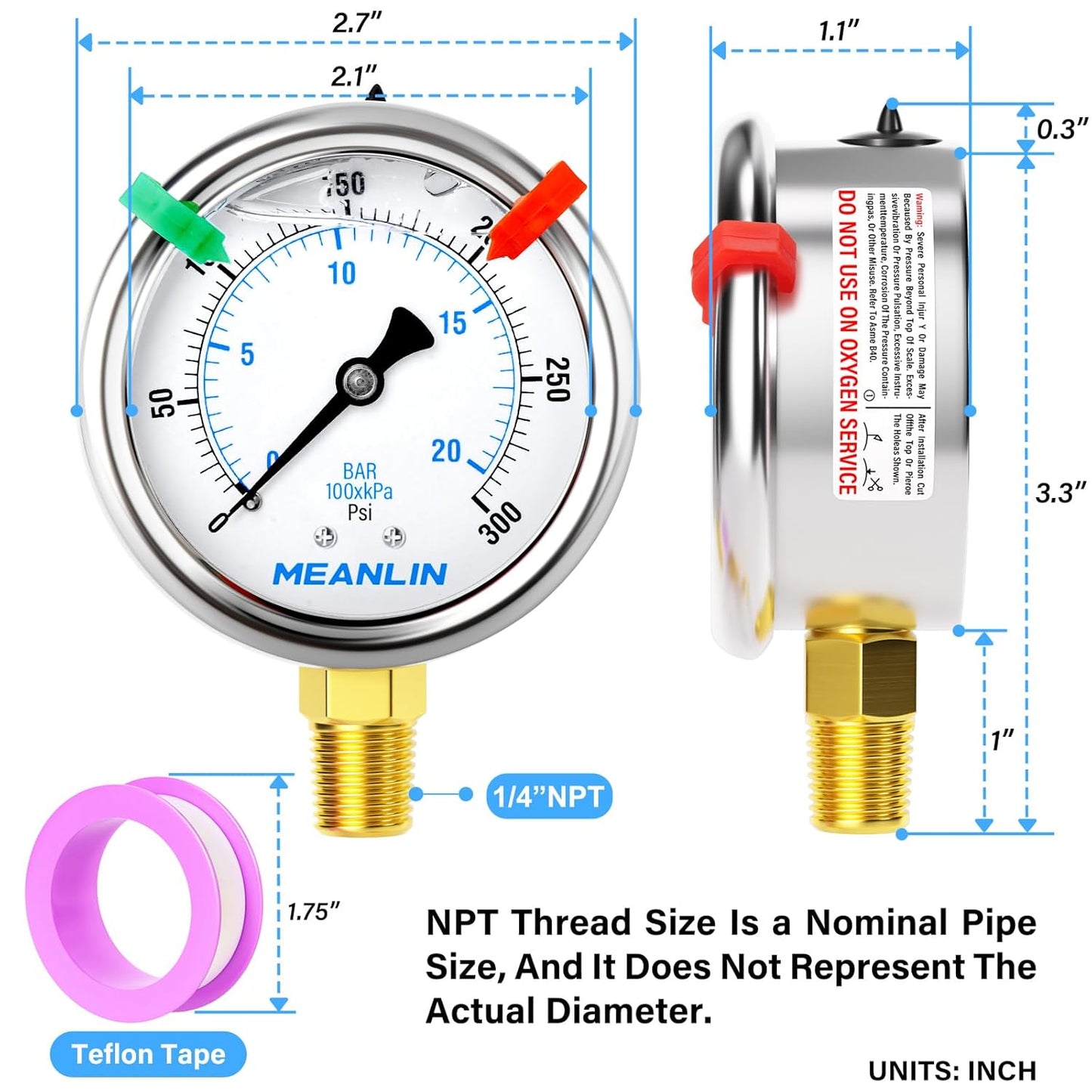 MEANLIN MEASURE 0~300Psi Liquid Filled Pressure Gauge 1/4" NPT 2.5" FACE DIAL Stainless Steel Glycerin Filled WOG Water Oil Air Lower Mount (with 2PCS Snaps)
