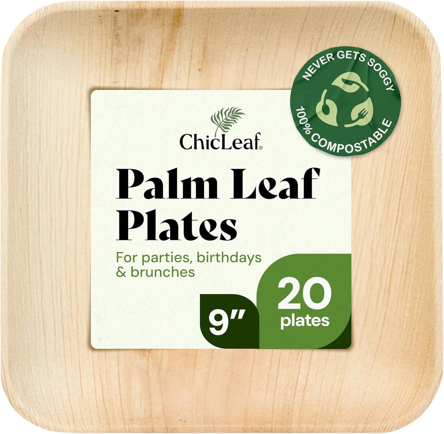Chic Leaf Palm Leaf Disposable Bamboo Plates - Party Plates for Weddings & Event Appetizers - Biodegradable & Compostable - Party Supplies (9", 20 Pack)