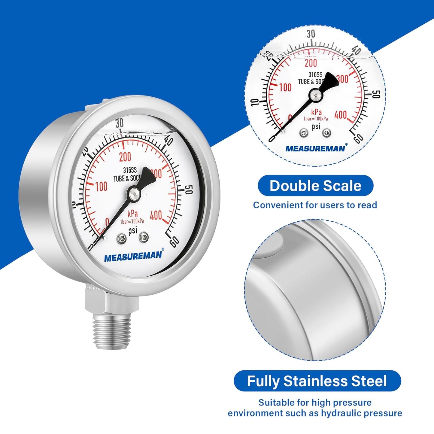 MEASUREMAN Fully Stainless Steel Hydraulic Glycerin Filled Pressure Gauge, 2-1/2" Dial Size, 1/4" NPT Lower Mount, 0-60psi/kpa