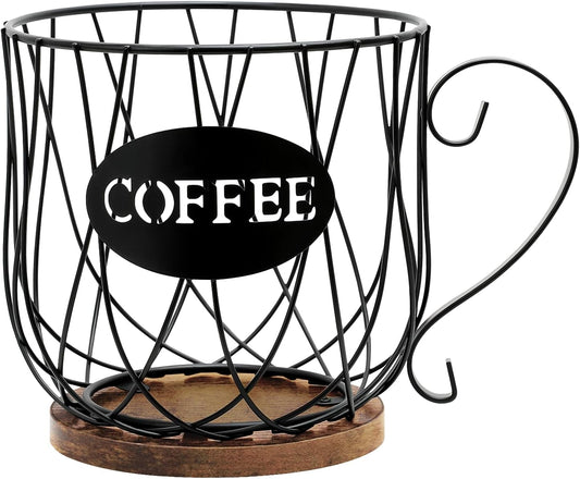 Rustic Metal K-Cup Coffee Pod Holder Mug - Large Wire Basket with Wooden Base for Countertop Coffee Storage - Farmhouse Decor for Home & Office (Rustic Brown-Round)