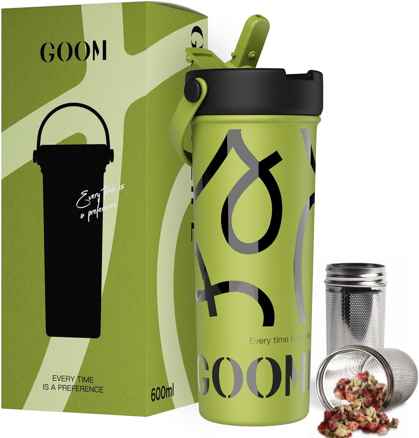 GOOM 20 oz Spill Proof Tumbler with Lid and Straw, Top Handle, Extended Tea Infuser, 6-Layer Insulation 18/10 Stainless Steel, Christmas Gifts for Mom Women Man Her, Teacher Gifts - Green