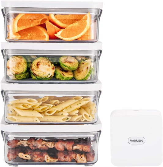 VAKUEN Premium Airtight Food Storage Container. Meal Prep 0.85qt 5pc/Set. 4pcs Container and Vacuum Sealer. Patented Double Silicone Lining, 100% Leak Proof, BPA-FREE