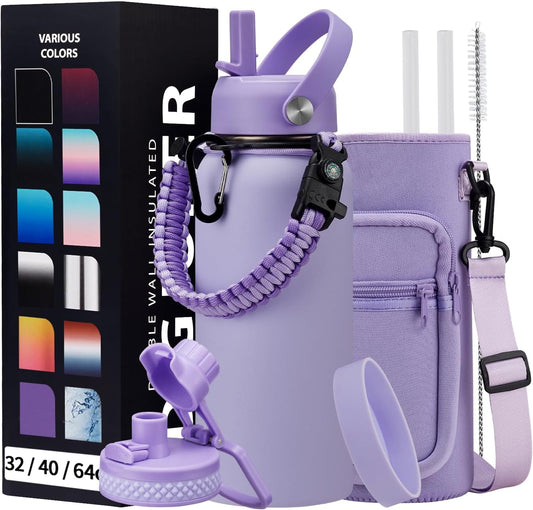 Insulated Water Bottle 32 oz - with Straw & Pop-up Spout Lid, Paracord Handle, Carrier Shoulder Strap, Protective Boot, Wide Mouth Double Walled Vacuum Insulated Gym Water Bottle for Women