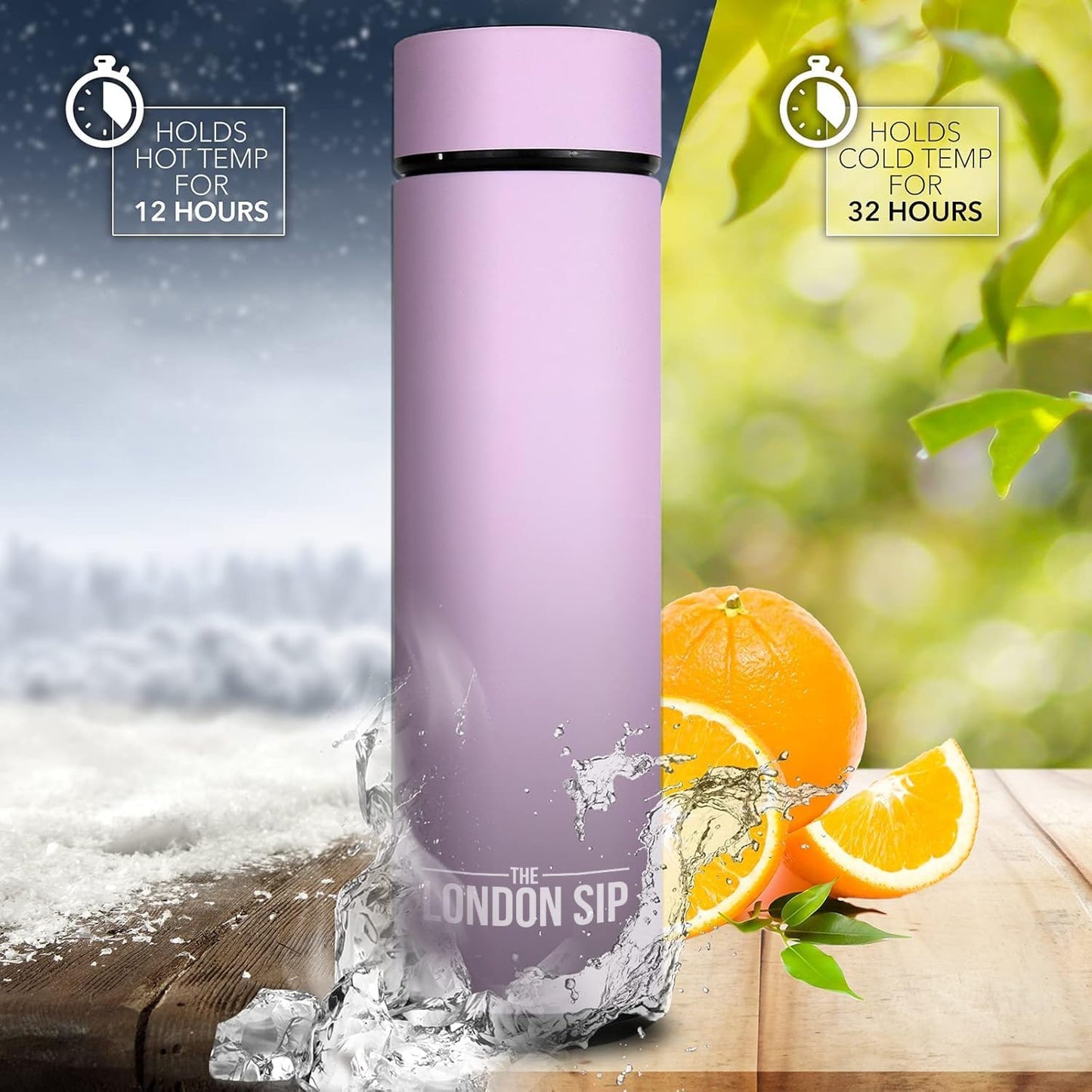 London Sip Multi-Purpose Travel Mug and Tumbler Fruit Infused Flask Hot and Cold Double Wall Stainless Steel Thermos with Extra-Long Infuser, Gentle Lilac, Pack of 2