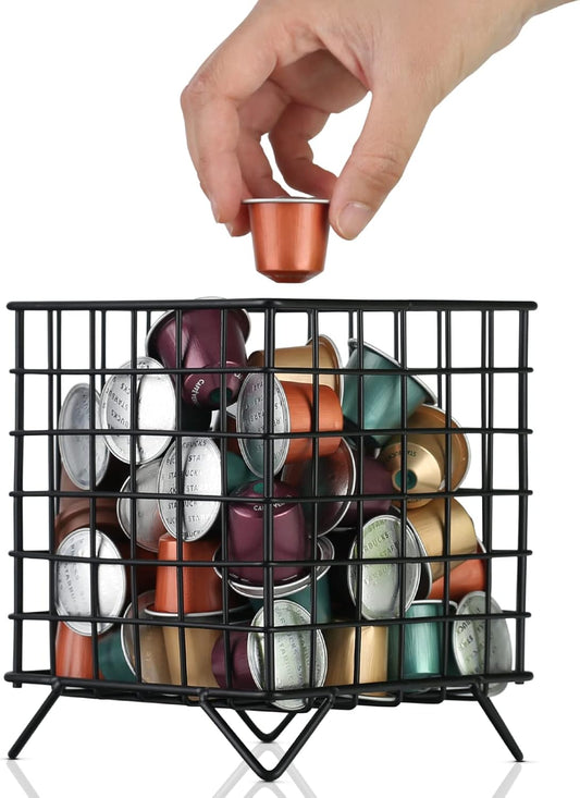 Black Wire Coffee Pod Holder Basket,Large Capacity Metal K Cup Holder Organizer,Storage Basket for Kitchen Countertop Office Coffee Bar Accessories,Creamer and Syrup Organizer