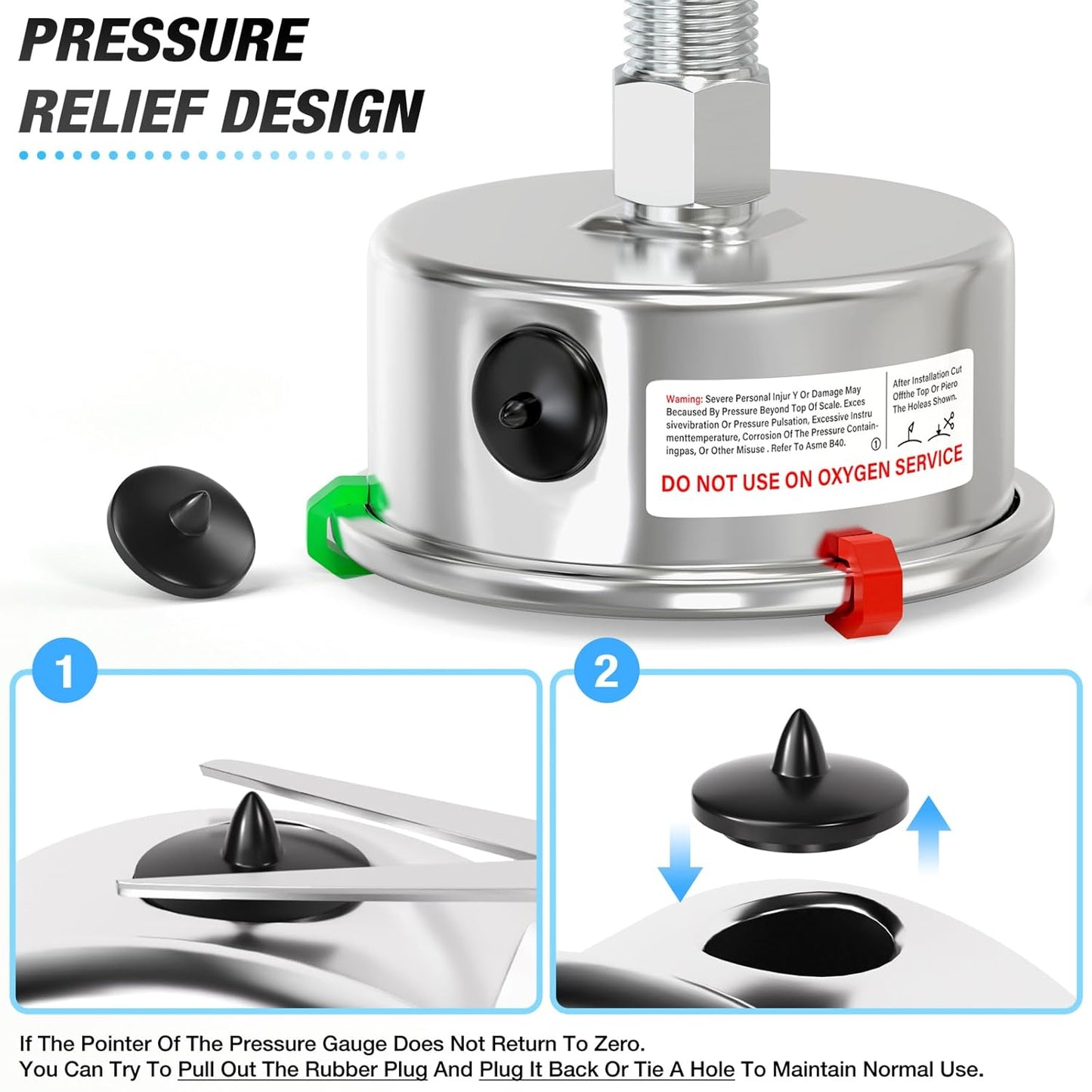 MEANLIN MEASURE -30inHG~60Psi Vacuum Pressure Gauge 316 Stainless Steel Joint 1/4" NPT 2.5" FACE DIAL, Stainless Steel Liquid Filled Pressure Gauge WOG Water Oil Air Back Mount, 2PCS Snaps