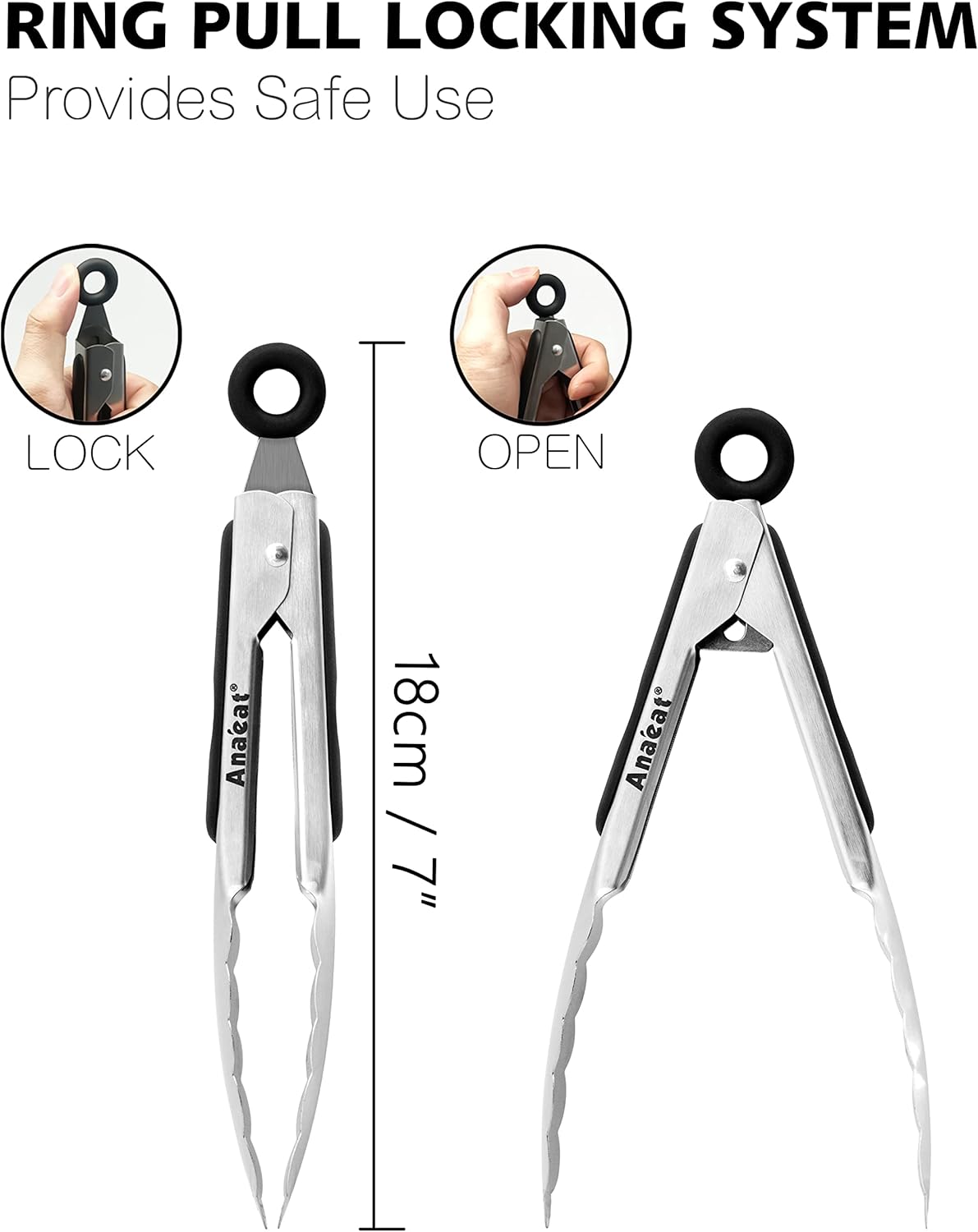 Anaeat 7" Mini Cooking Tong Stainless Steel - Sturdy Coiled Spring Locking Kitchen Food Tong with Non-Slip Silicone Grip for Serving, Cooking, Baking - Heat Resistant up to 480°F (Black)