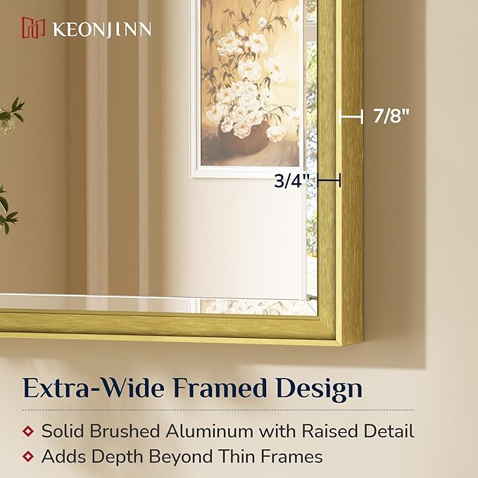 Keonjinn 55" x 30" Gold Bathroom Mirror, Brushed Gold Metal Framed Mirrors - Image 2