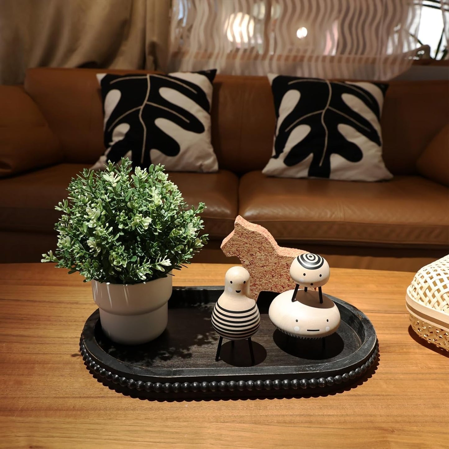 Vintage Black Oval Wood Decorative Ottoman Tray for Coffee Table Kitchen Counter, Living Room, Handcrafted Wooden Serving Tray for Table Centerpiece