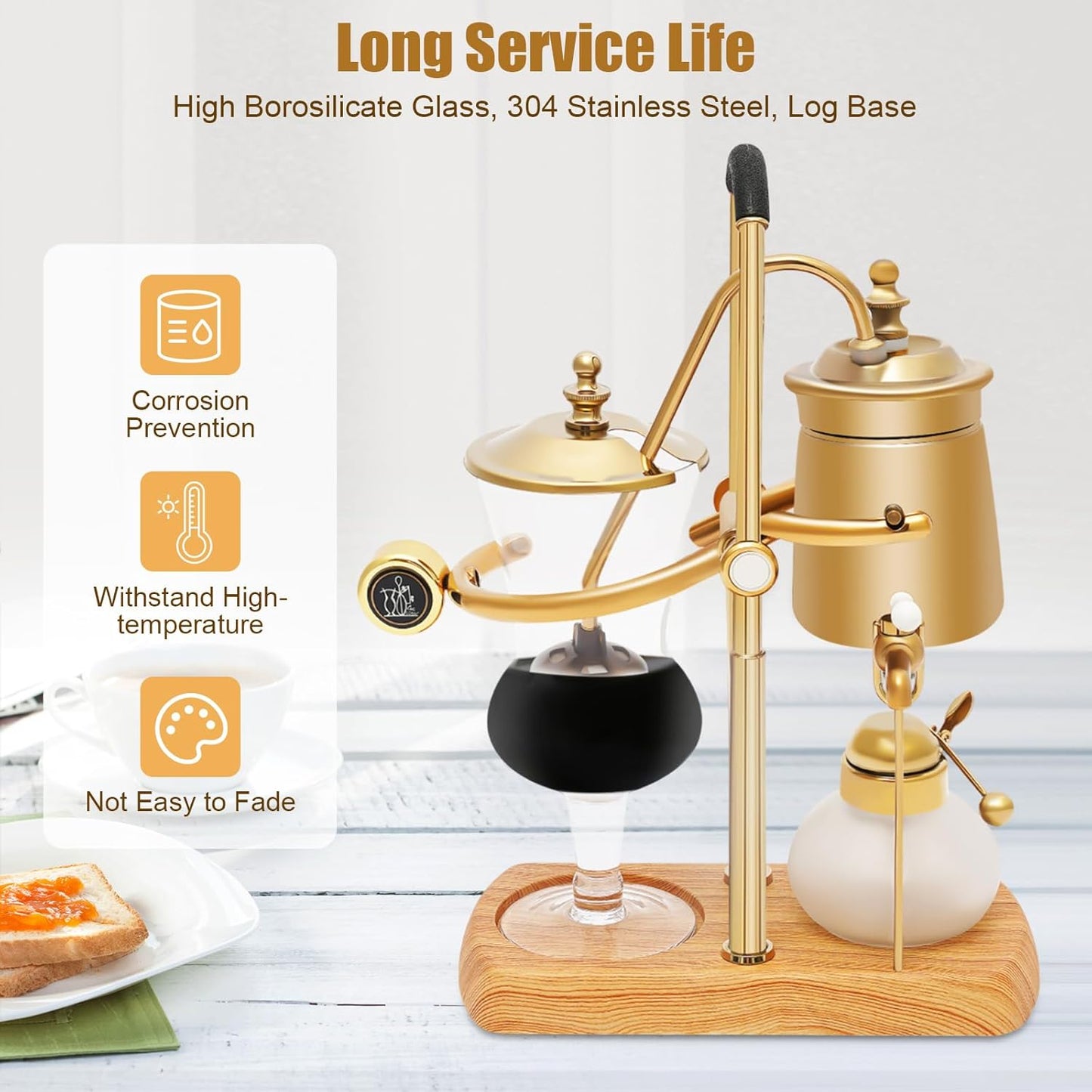 JOMCYDM Balance Syphon Coffee Maker Elegant Unique Belgian Machine for Coffee and Tea Easy to Clean Integrated Filter Gold Accents Decorative Design Best Tasting Coffee Espresso Brewer