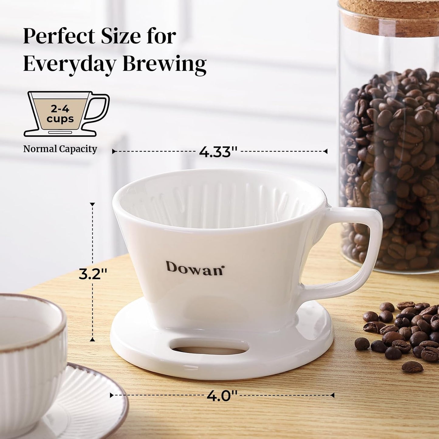 DOWAN Pour Over Coffee Maker, Non-Electric Pour Over Coffee Dripper with Open Base Design, Manual Brew Maker, Single Cups Porcelain Slow Brewing Accessories for Gifts, White