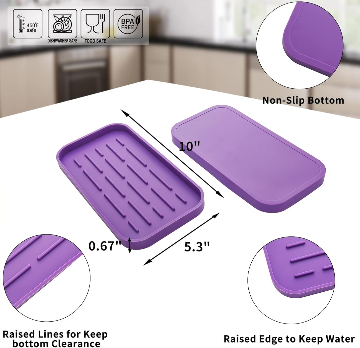 Silicone Kitchen Sink Organizer Tray for Multiple Usage,Eco-Friendly Sponges Holder for Kitchen Bathroom Counter or Sink,Dish Soap Dispenser,Scrubber,Bottle,Cup (Purple, 10"×5.3")