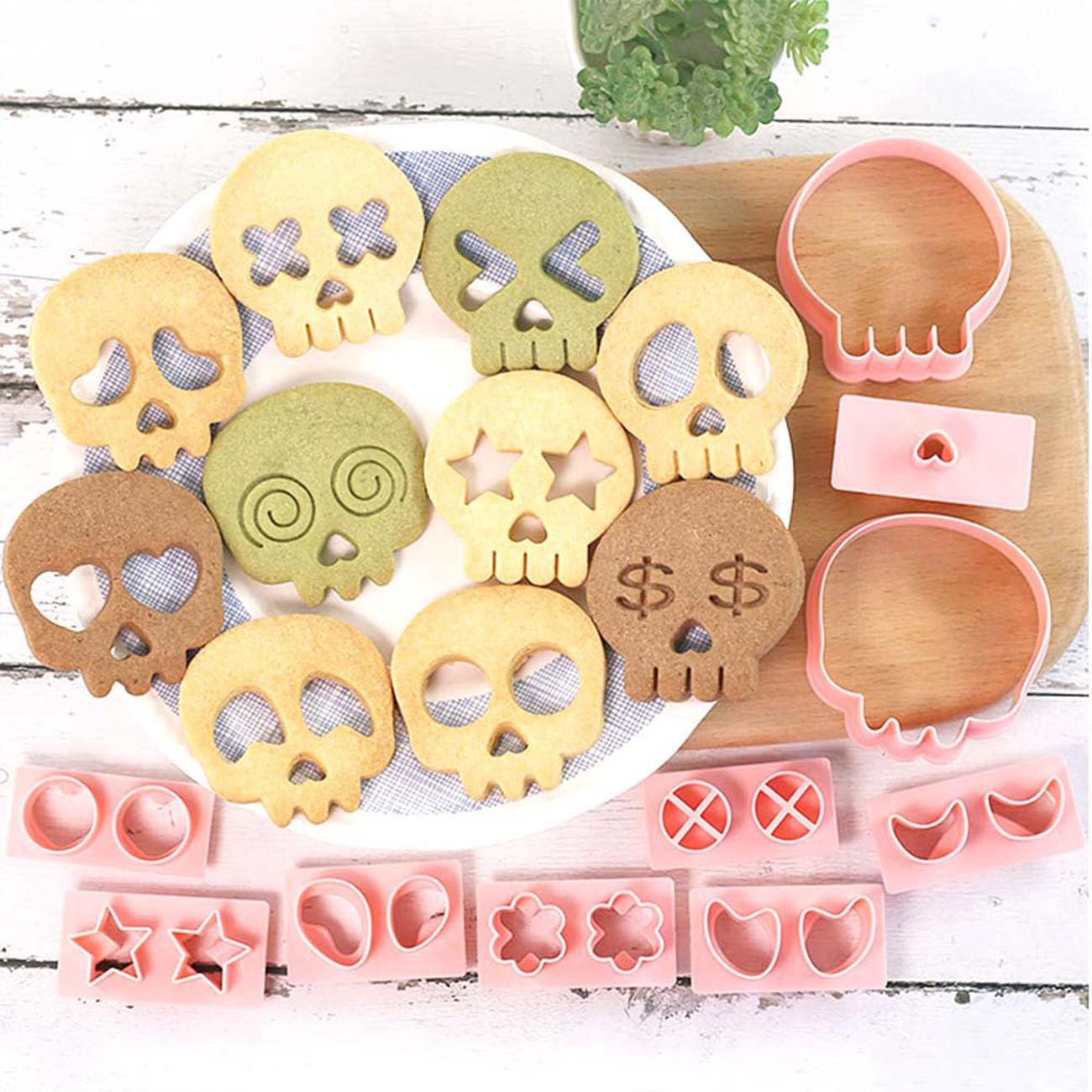 Mini Skull Cookie Cutter Set, Interchangeable DIY Halloween & Día de los Muertos Biscuit Stamps, 3D Raised Design Molds for Cookie Decorating, Cupcakes, Day of the Dead Pastries & Party Treats