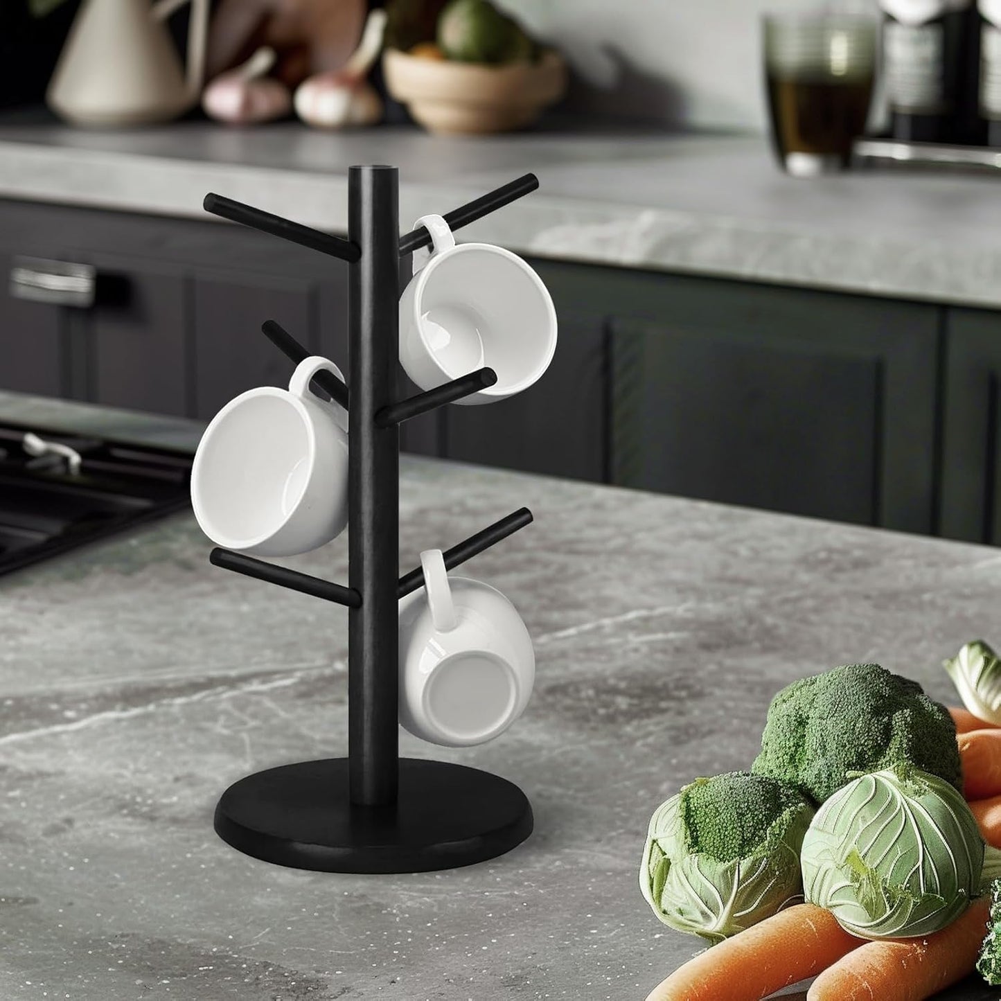 Wooden Mug Holder Tree, Coffee Cup Holder, Mug Organizer with 6 Hooks (Black)