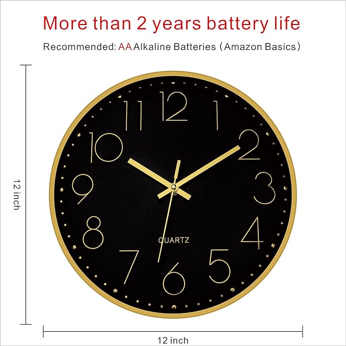 Foxtop Black Gold Wall Clock 12 Inch Silent Non-Ticking Battery Operated Round - Image 2