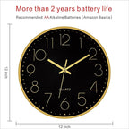 Foxtop Black Gold Wall Clock 12 Inch Silent Non-Ticking Battery Operated Round - Image 2