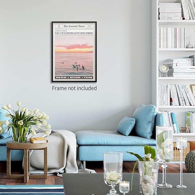 Pink Beach Newspaper Posters Vintage Fashion Coastal Girl Surf Wall Art Grainy - Image 6
