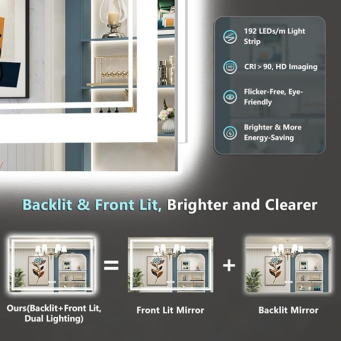 55x36 LED Bathroom Mirror with Lights, Backlit and Front Lit Anti-Fog Lighted - Image 3
