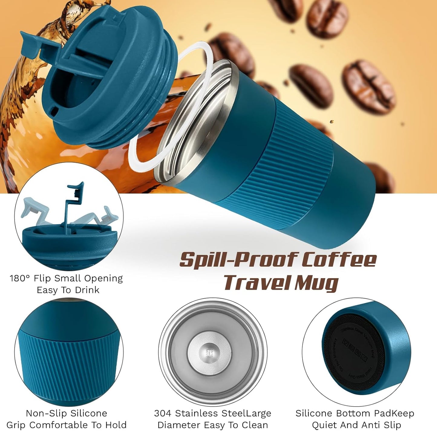 Vacuum-Insulated Stainless Steel Travel Coffee Mug, Leak-Proof Reusable Coffee Cup with Lid - Keep Hot & Cold Drinks for Hours, Durable Thermos Tumbler for Men & Women (3rd-Blue, 12OZ)