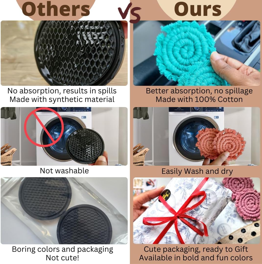 Cotton Car Coasters for Cup Holders, 2PC Car Cup Coasters, Drink Coaster Holder, Cute cupholder Coaster Accessories for Women, Macrame, Boho(Champagne Pink)