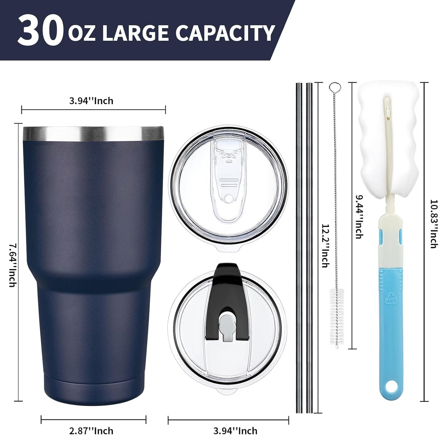 30 oz Tumbler with Lids and Straws, Stainless Steel Insulated Coffee Tumbler, Double Wall Vacuum Insulated Travel Mug Cup, Leakproof Thermal Coffee Cup for Hot and Cold Drinks (Navy Blue)